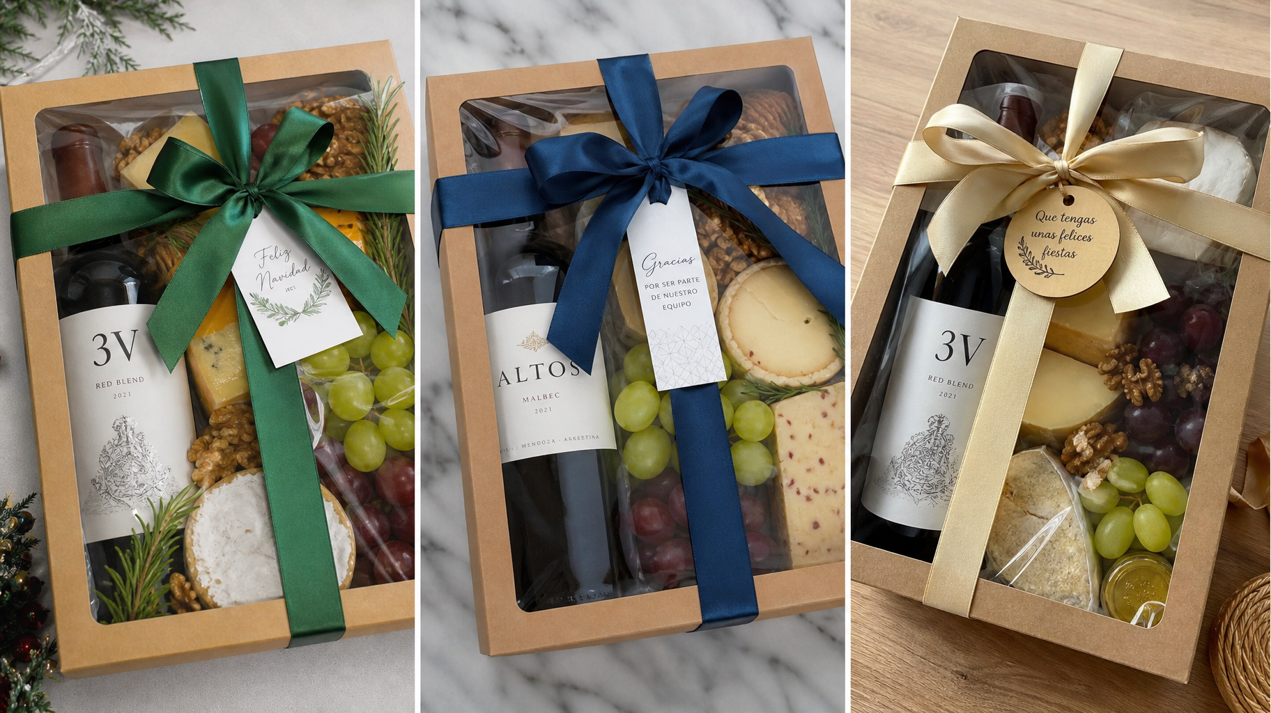 Cajas de regalo gourmet corporativas con vino y quesos finos